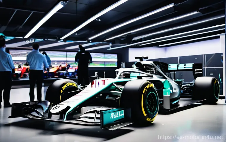 모터스포츠 사고 분석 - **Prompt 1: High-Tech Telemetry in a Formula 1 Pit Garage** "A dynamic, high-angle shot inside a...