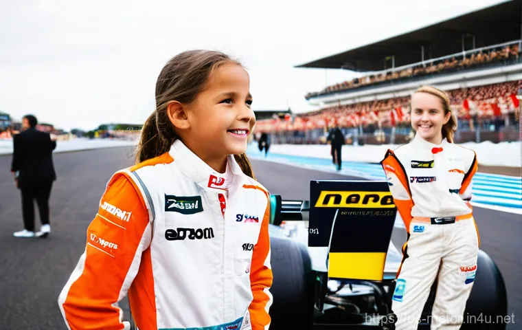 모터스포츠에서의 여성 드라이버 - **Women engineers in a Formula 1 pit lane:** A vibrant and bustling scene in a Formula 1 pit lane, f...