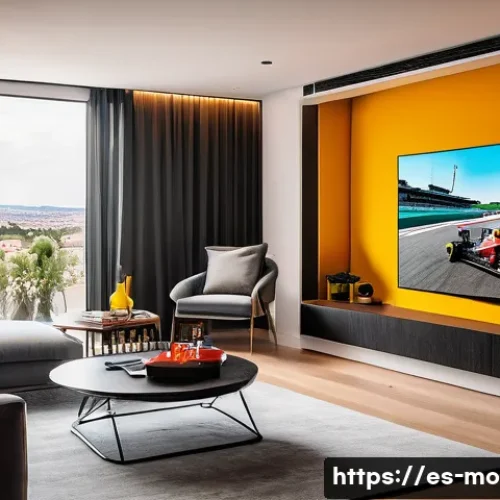 F1 라이브 스트리밍 플랫폼 - A modern living room in a Spanish home with a large flat-screen TV displaying a live Formula 1 race ...