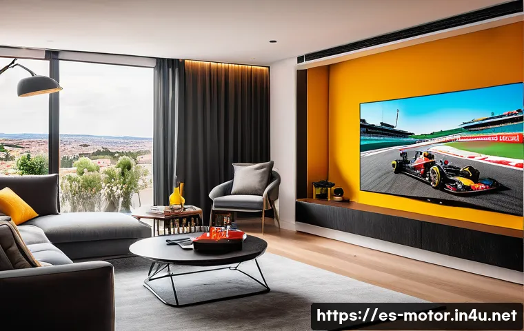 F1 라이브 스트리밍 플랫폼 - A modern living room in a Spanish home with a large flat-screen TV displaying a live Formula 1 race ...