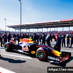 F1 시즌 리뷰 - A dynamic Formula 1 pit stop scene showcasing a Red Bull racing team executing a tire change with ex...
