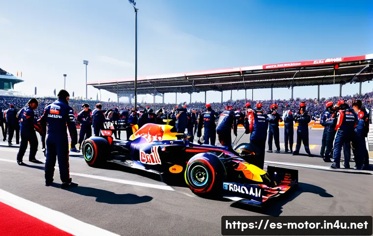F1 시즌 리뷰 - A dynamic Formula 1 pit stop scene showcasing a Red Bull racing team executing a tire change with ex...