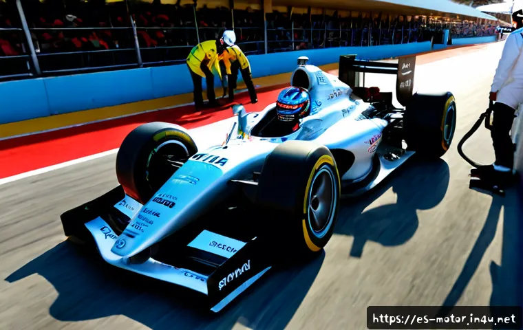 Home 17 모터스포츠 용어 사전 - Photorealistic motorsport pit lane scene at a modern Spanish racing circuit, a sleek unbranded singl...