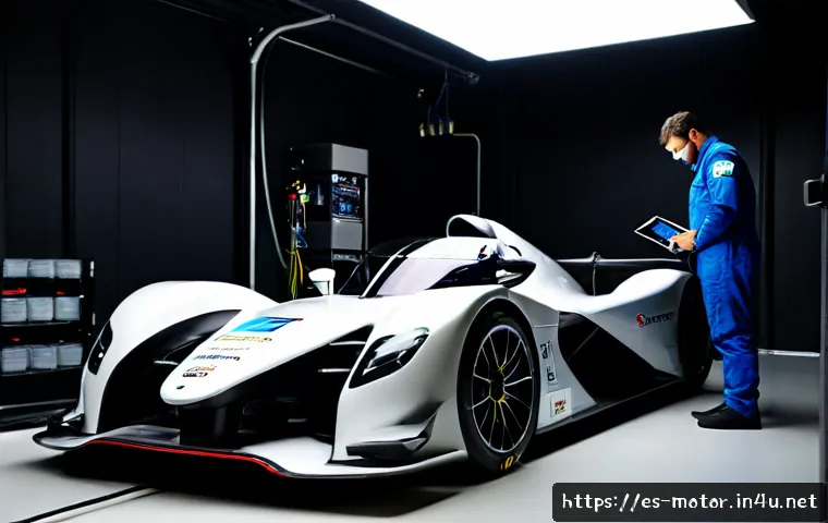 Home 17 포뮬러 E 전기차 기술 - Photorealistic electric open-wheel race car in a modern pit garage in Barcelona, sleek exposed batte...
